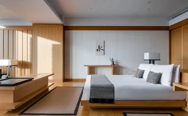 Aman Tokyo's lobby lounge with its raised engawa walkway and central garden beneath the paper lantern ceiling
