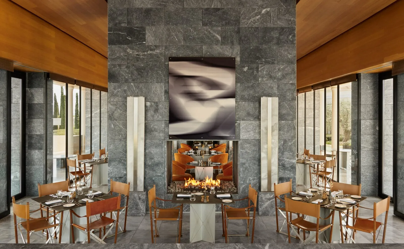 Marble colonnades and flat-roofed structures at Amanzoe, designed by Ed Tuttle