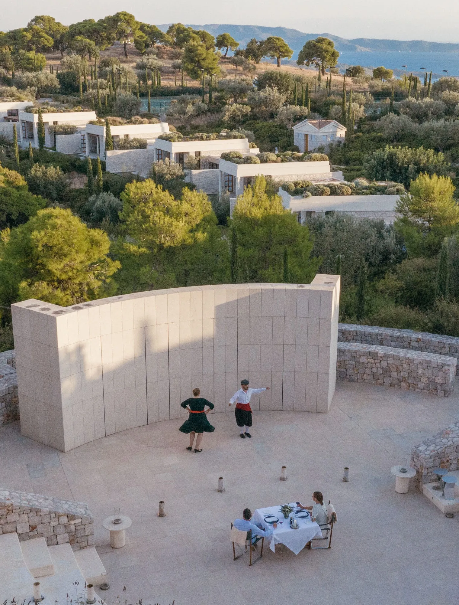 Amanzoe's colonnaded hilltop pavilions above the Aegean Sea near Porto Heli, Peloponnese