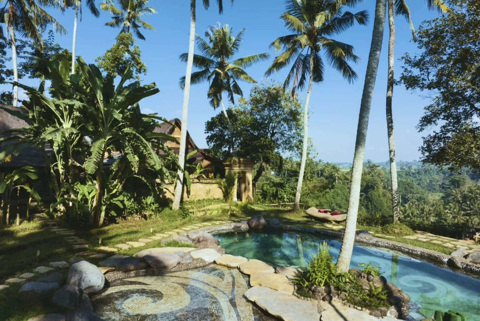 Rice paddy terraces and jungle canopy seen from the ridge at Bambu Indah near Ubud