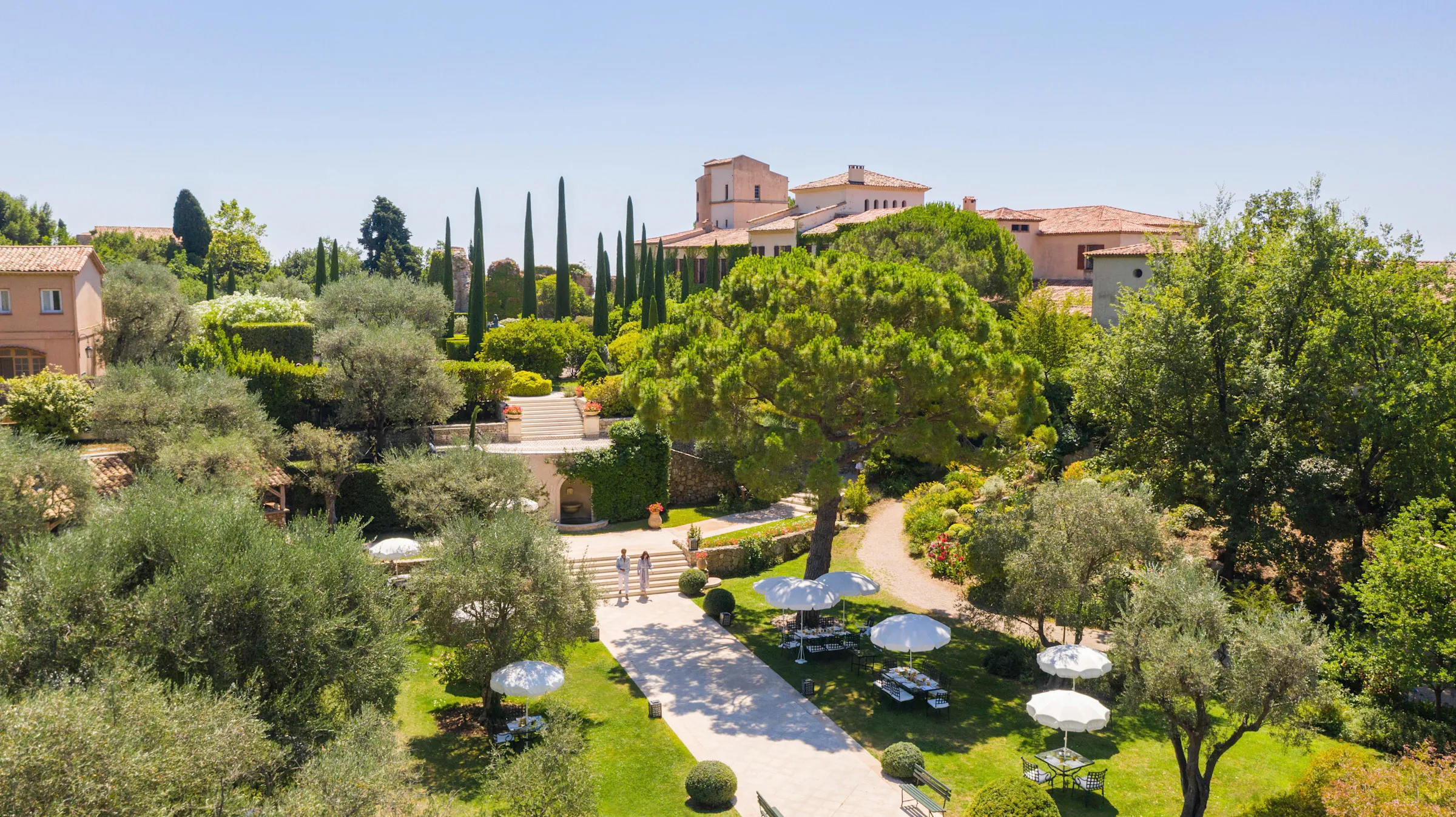 Rows of centuries-old olive trees in the estate's gardens near the infinity pool at Chateau Saint-Martin