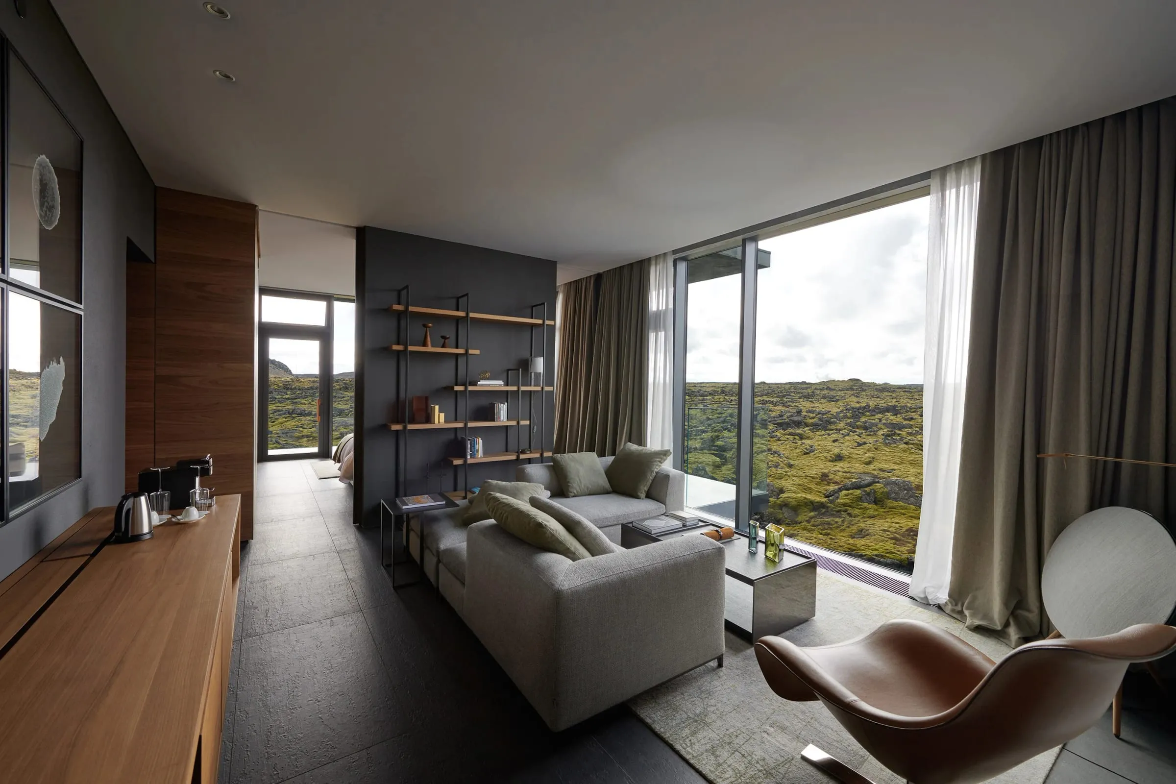 The Retreat at Blue Lagoon's low-lying hotel structure set into an 800-year-old lava field on the Reykjanes Peninsula