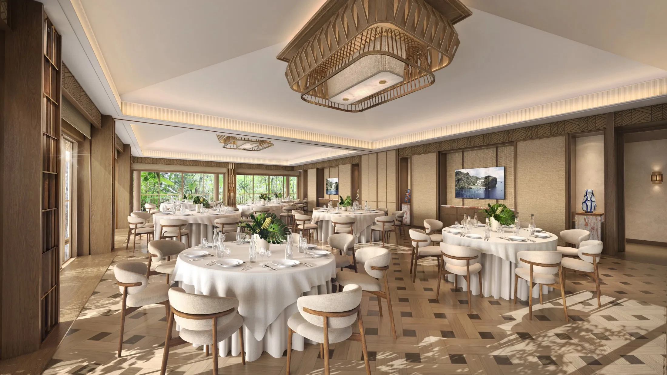 A boardwalk connecting water cottages over the lagoon at Lagen Island Resort