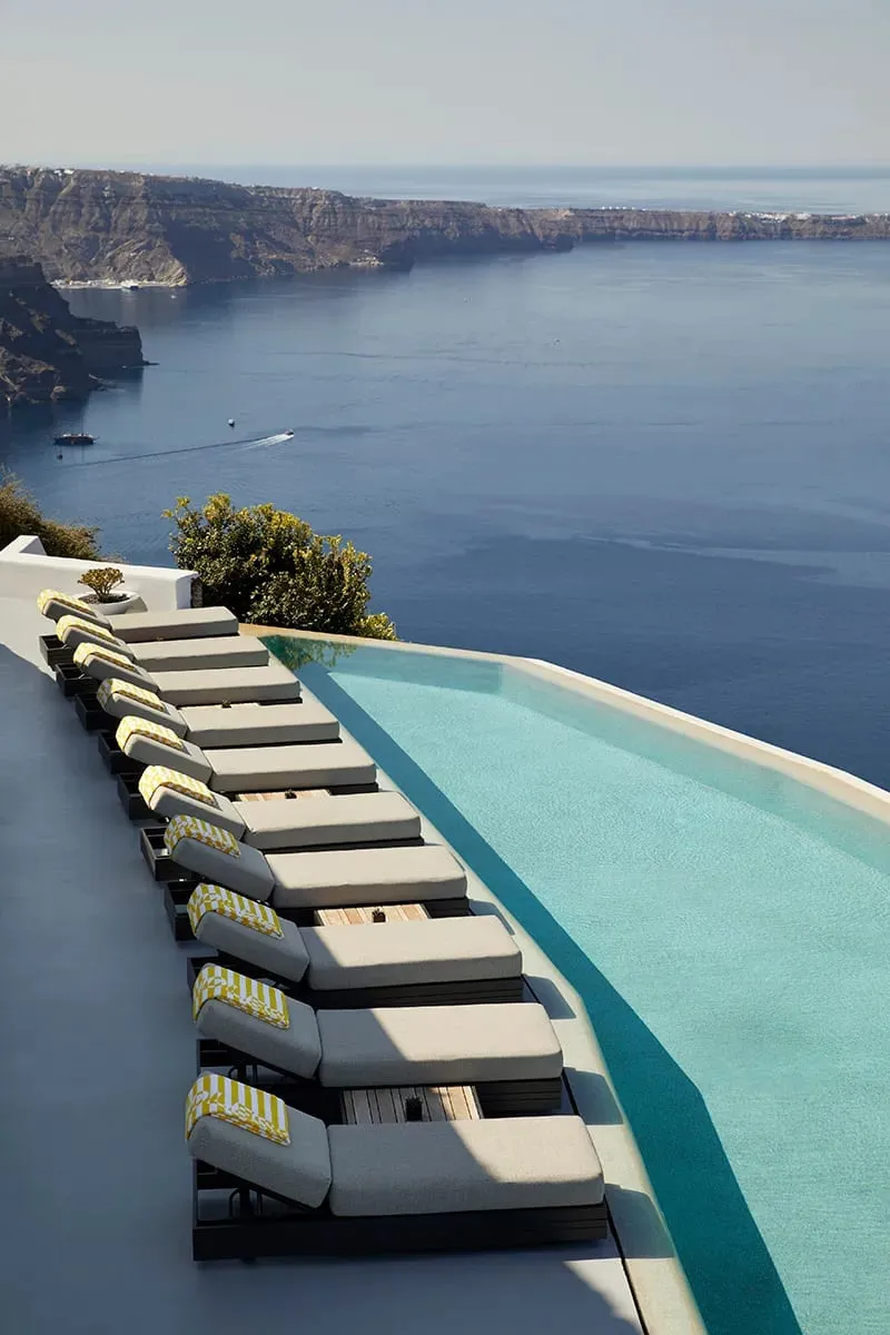 Sunset cocktails at 363 Bar above the pool at Grace Hotel Santorini