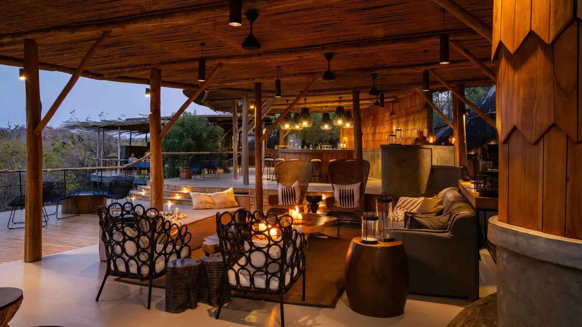 The open-sided dining room at Jabali Ridge overlooking the Ruaha National Park reserve