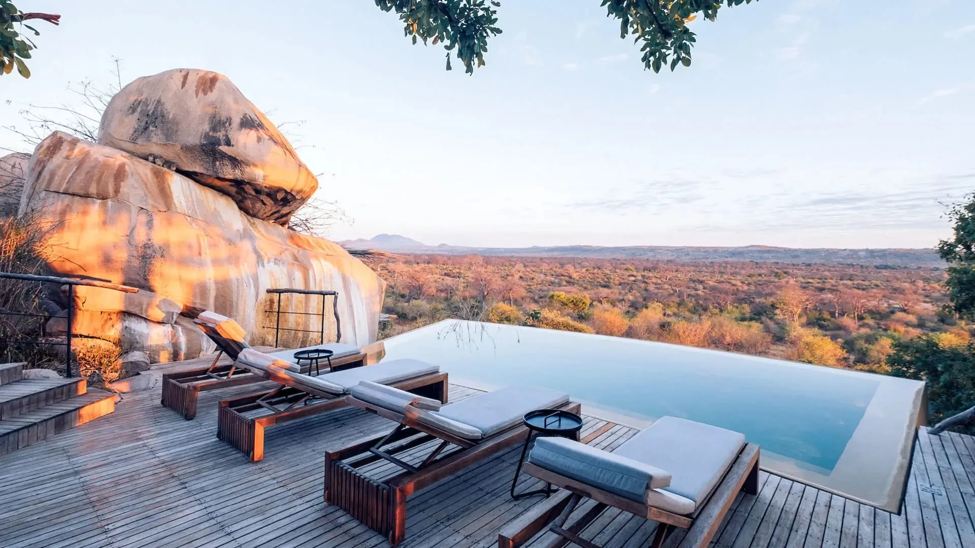 Boardwalks connecting guest suites across the granite kopje at Jabali Ridge in Ruaha National Park