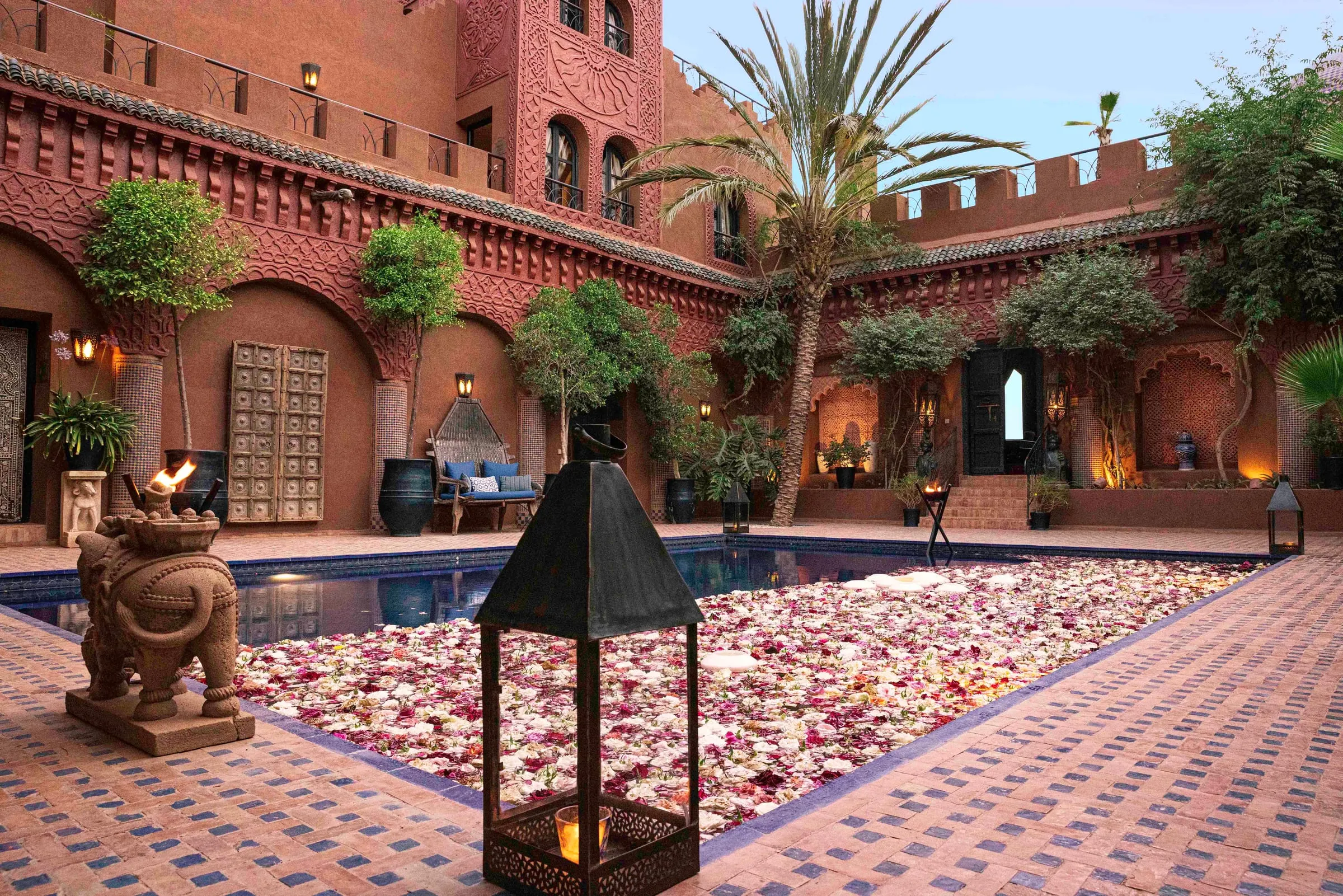 A three-bedroom riad suite decorated with traditional Berber textiles