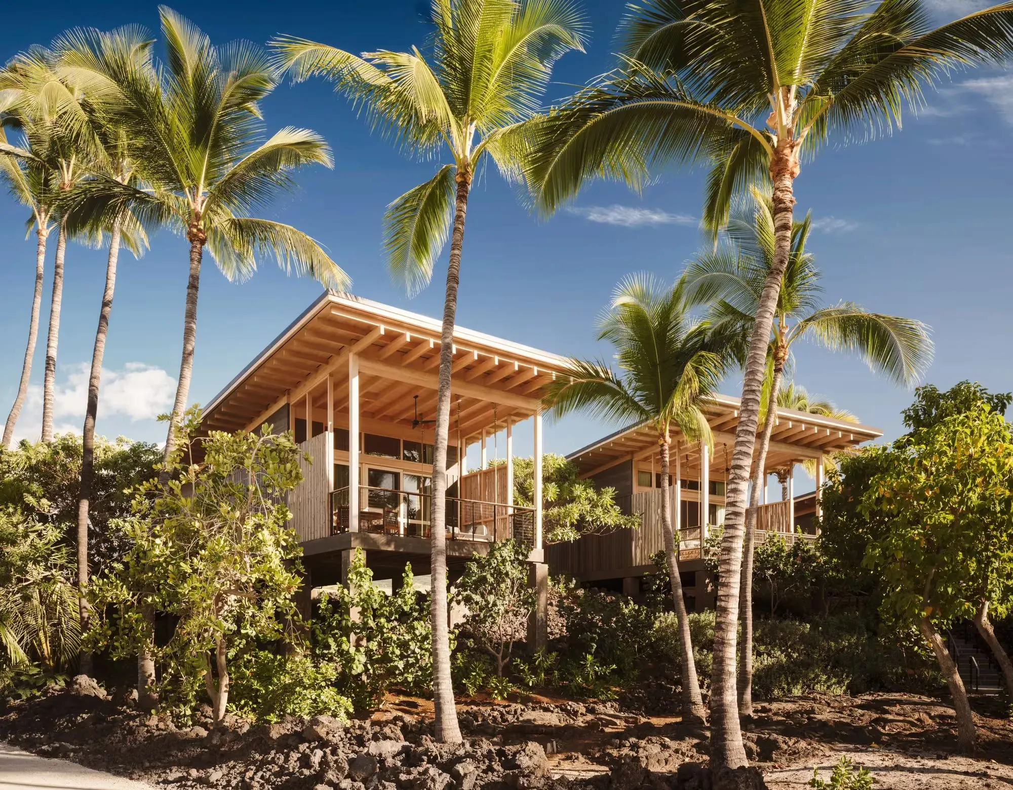 A freestanding hale bungalow with an oversized lanai facing the Pacific at Kona Village