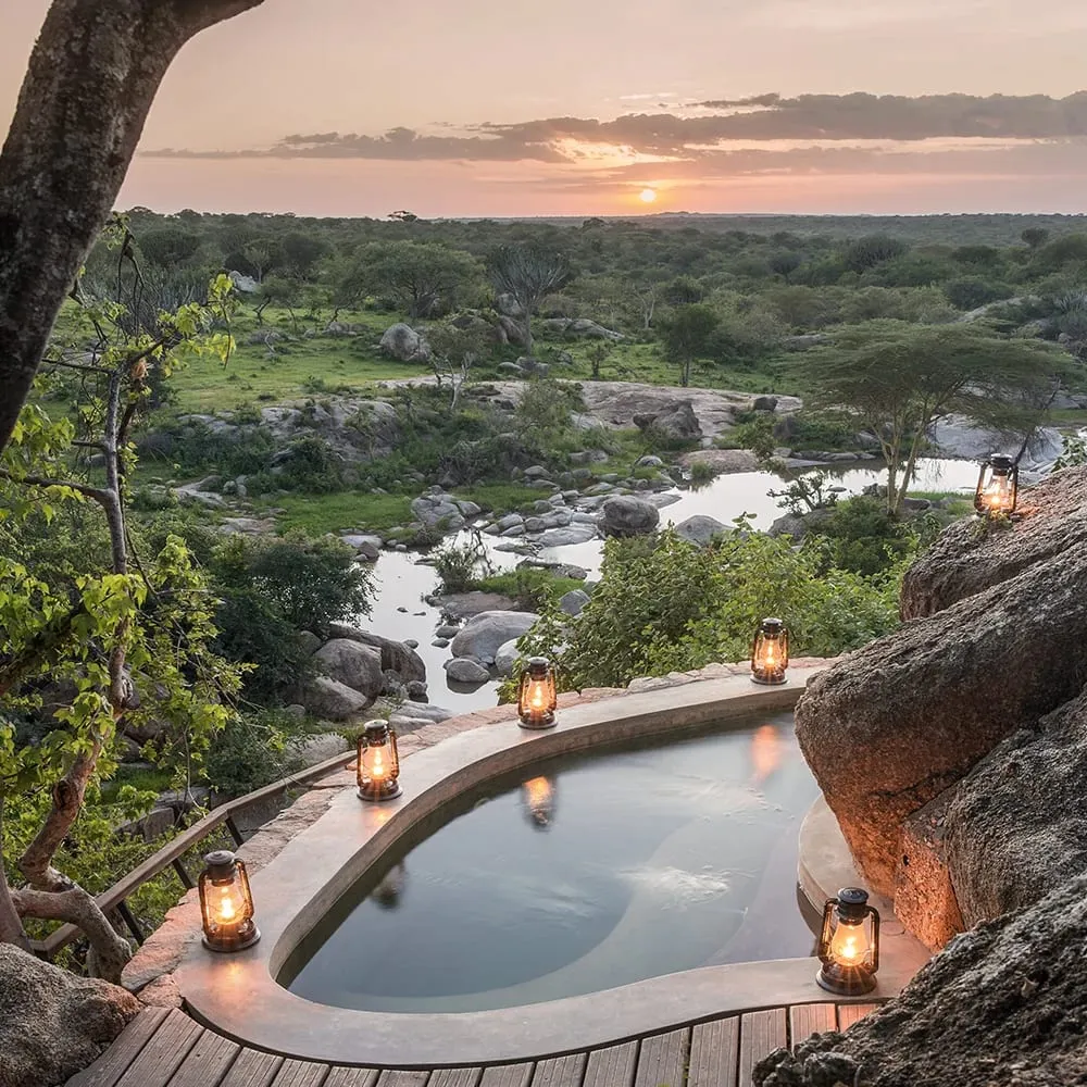 Sundowner drinks served on an acacia-shaded terrace at Mwiba Lodge overlooking the Tanzanian bush