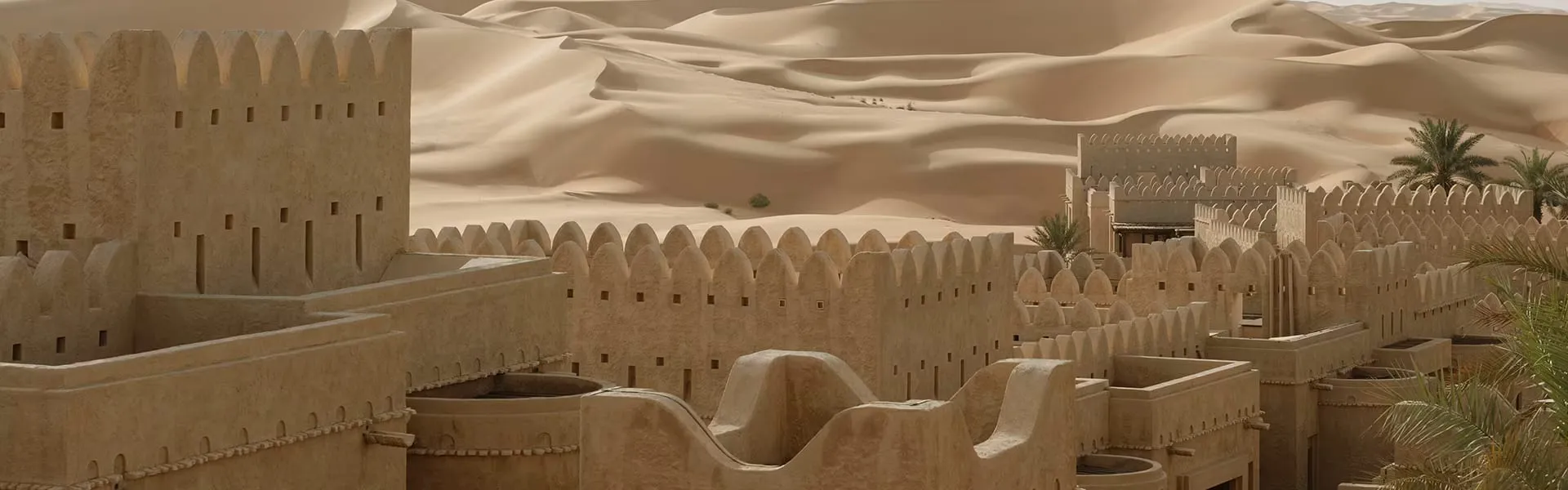 The fortress-inspired silhouette of Qasr Al Sarab Desert Resort by Anantara rising from the dunes of the Liwa Desert at dusk