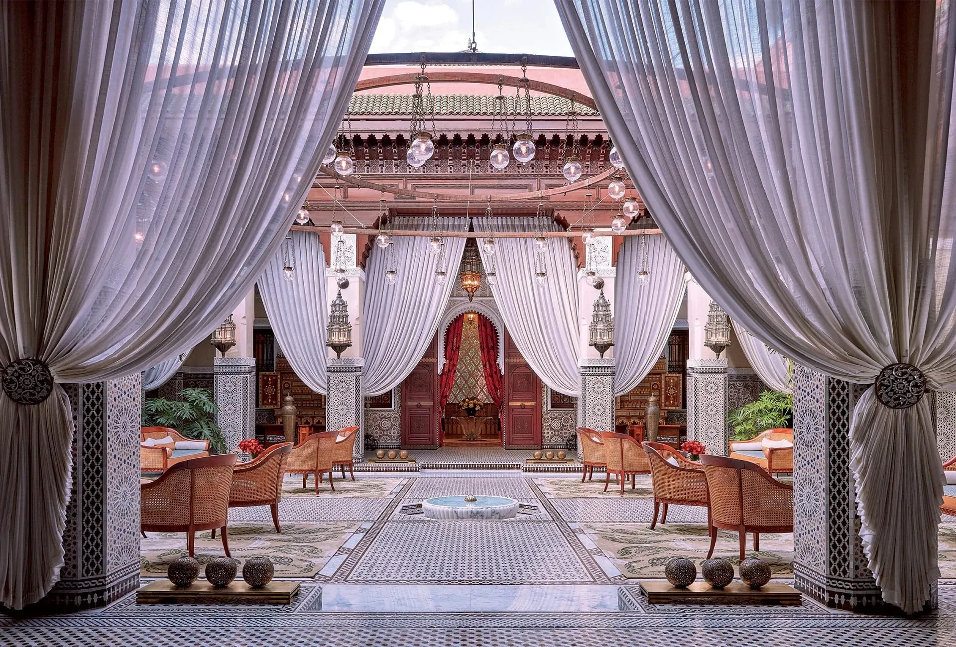 A rooftop terrace of a private riad at Royal Mansour Marrakech overlooking the medina