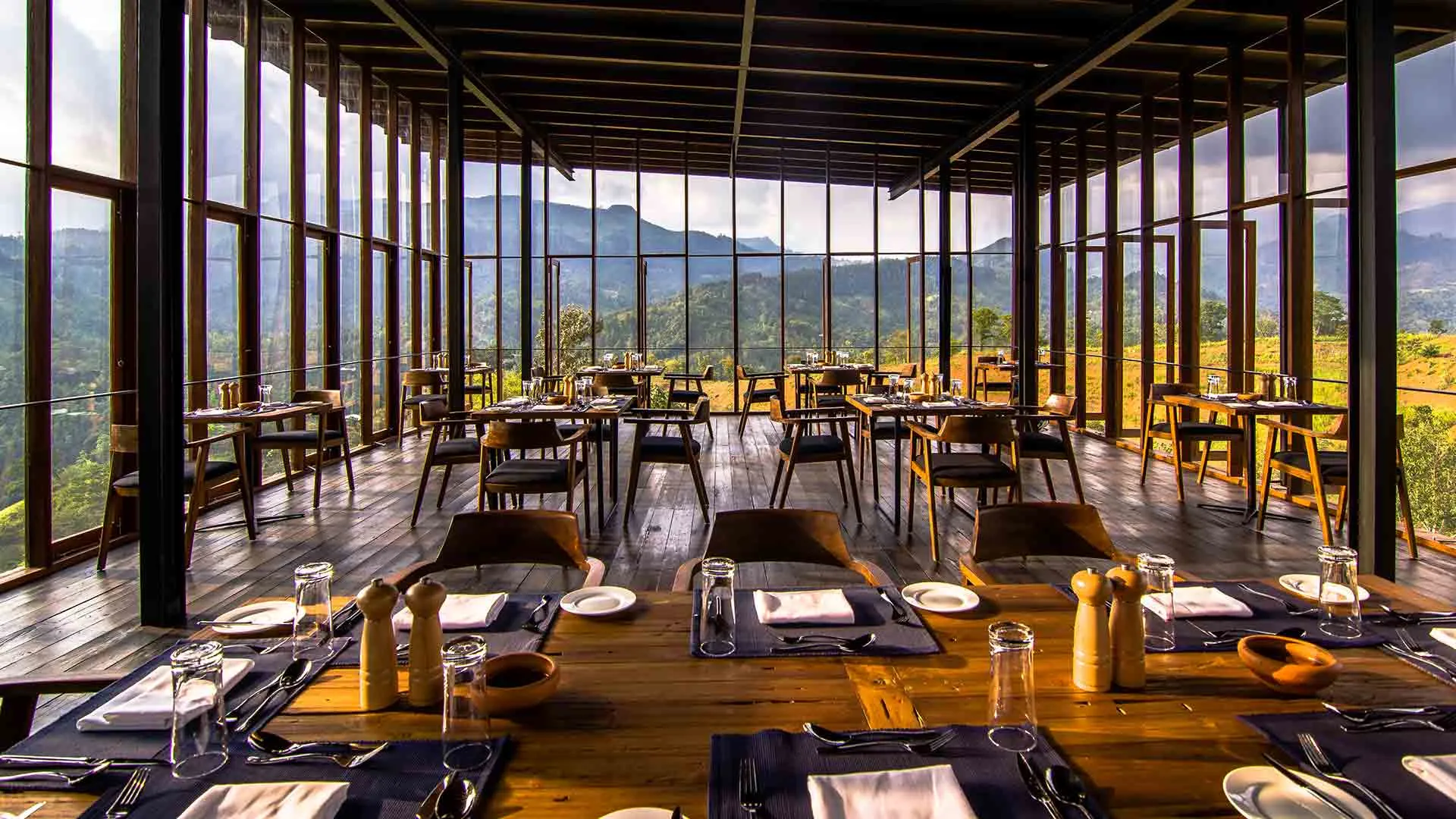 Tri-level spa pavilion with thermal salt pool overlooking rice paddies and mountains