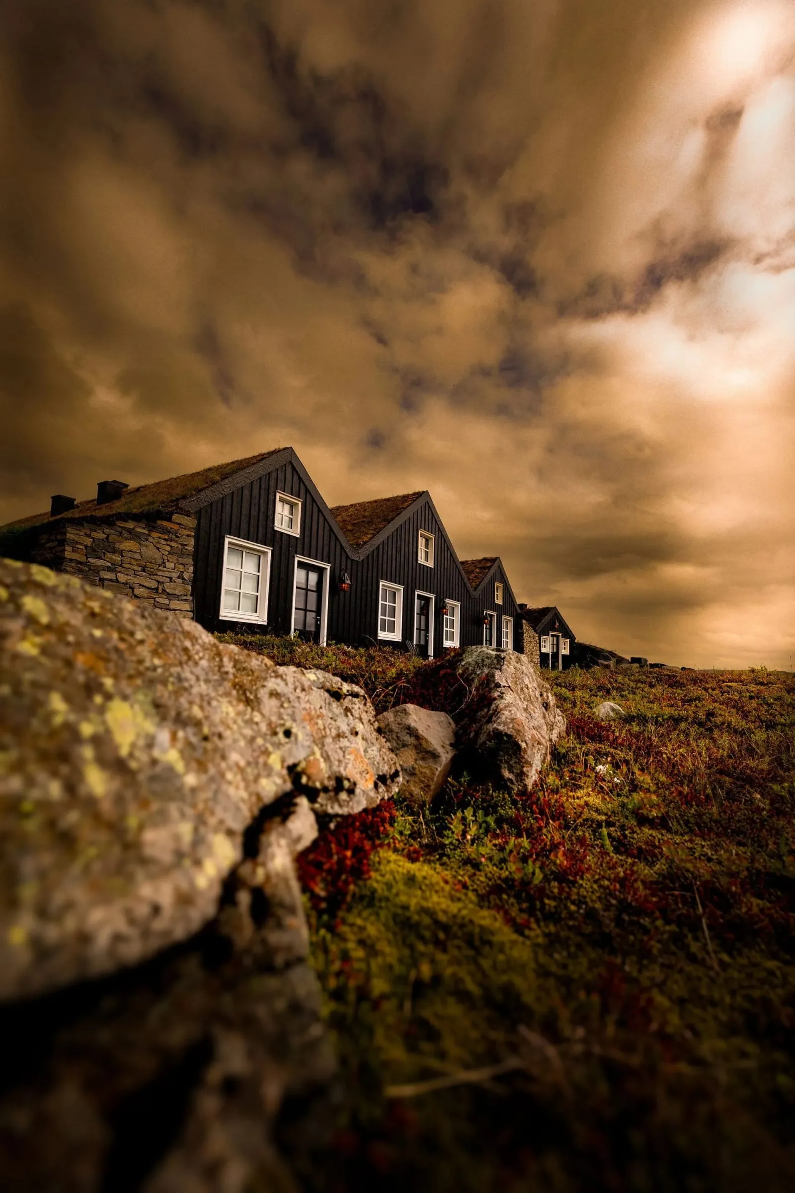 A cluster of individual turf-roofed houses at Torfhus Retreat inspired by traditional Icelandic farm architecture